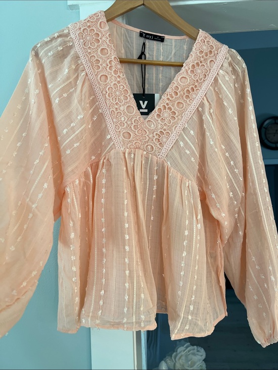 Very J Tops - Very J V- neck Blouse Peach Lace-Trim Sheer Peasant Tunic size S